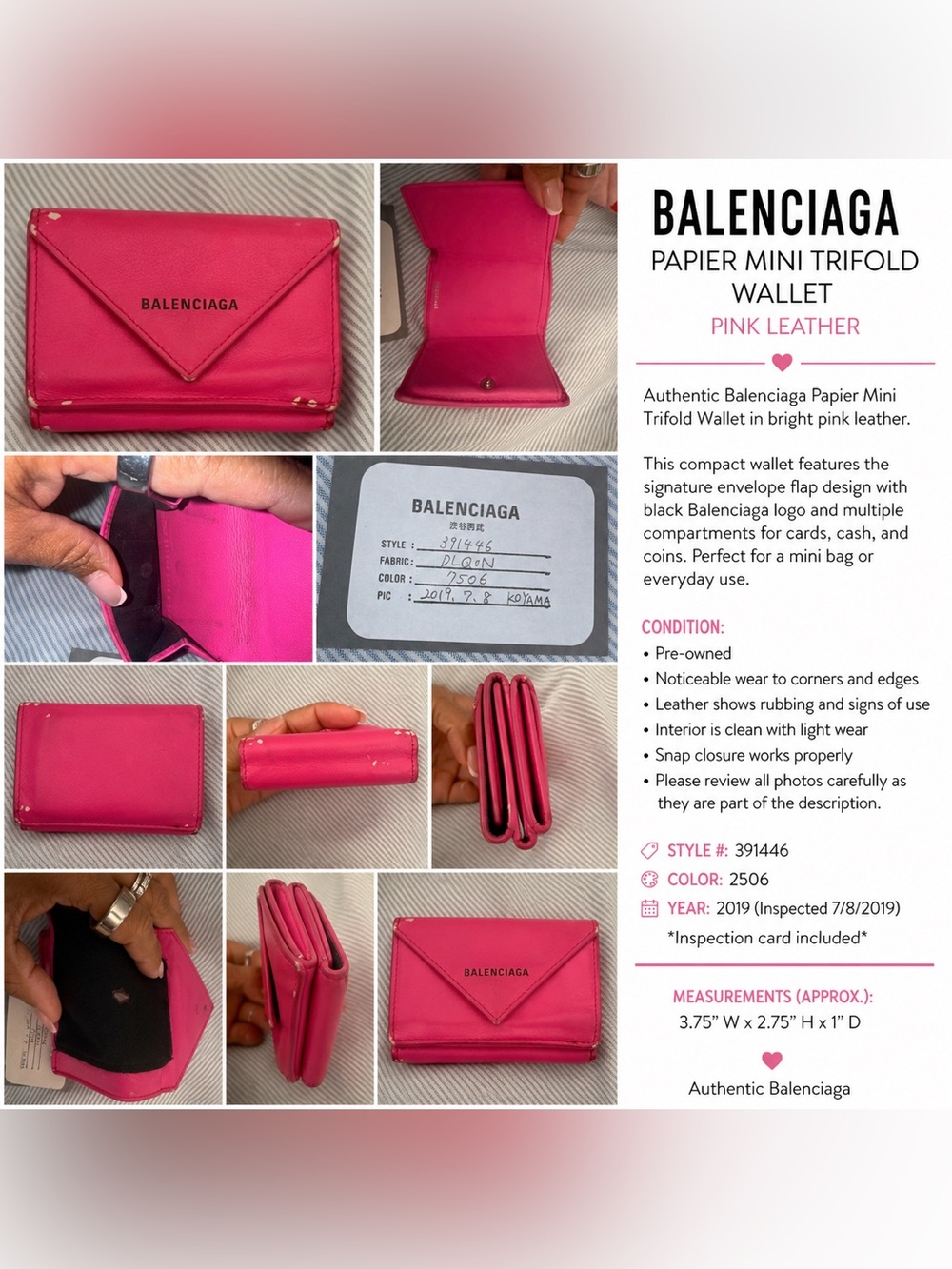 Balenciaga Bright Pink Leather Trifold Wallet